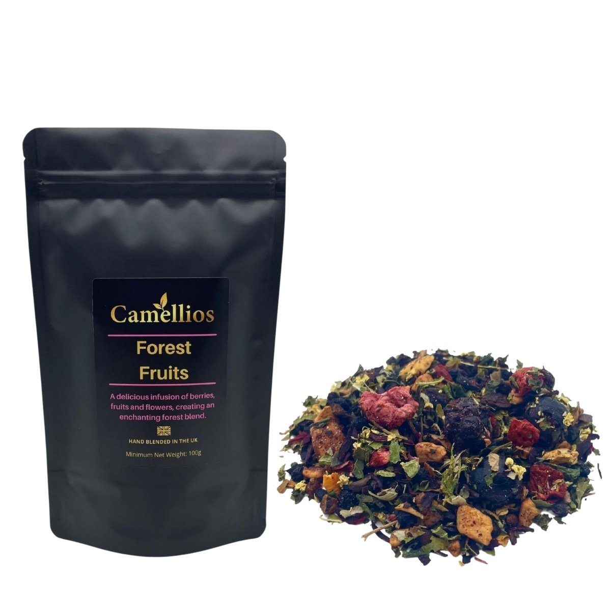 Loose leaf Forest Fruits tea from ArtisanBox, showcasing vibrant dried berry and fruit pieces in a clear container.