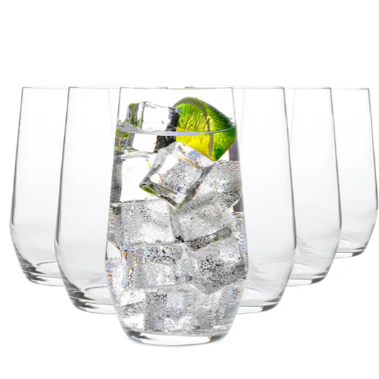 Set of six Bormioli Rocco Electra highball glasses, 390ml whisky tumblers with clear glass design for stylish drinkware.