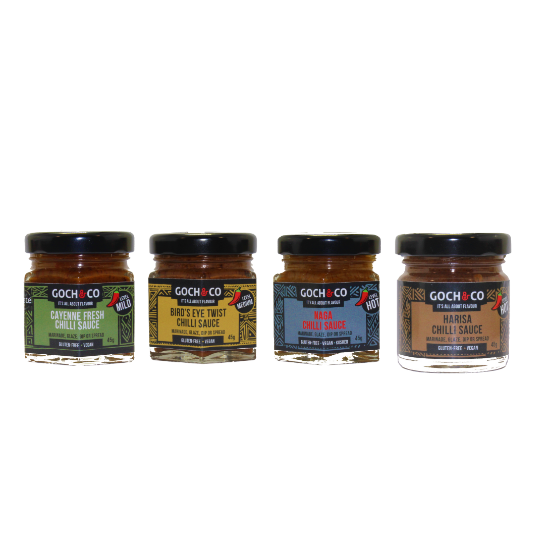 Goch & Co Goch Chilli Sauces gift set with multiple bottles of spicy chili sauces in colorful packaging.