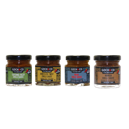 Goch & Co Goch Chilli Sauces gift set with multiple bottles of spicy chili sauces in colorful packaging.