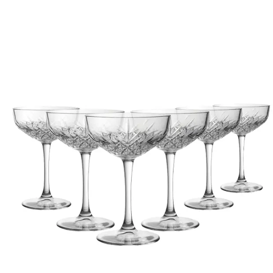Set of six Timeless Fully Cut Champagne Flutes by Glassware UK, 270ml, with elegant, clear glass design for celebrating occasions.