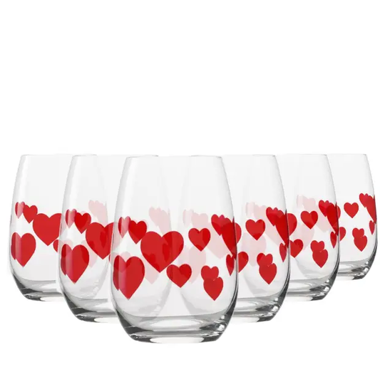 Set of six L'Amour Red Heart whisky tumblers from Glassware UK, 335ml capacity, clear glass with red heart design.