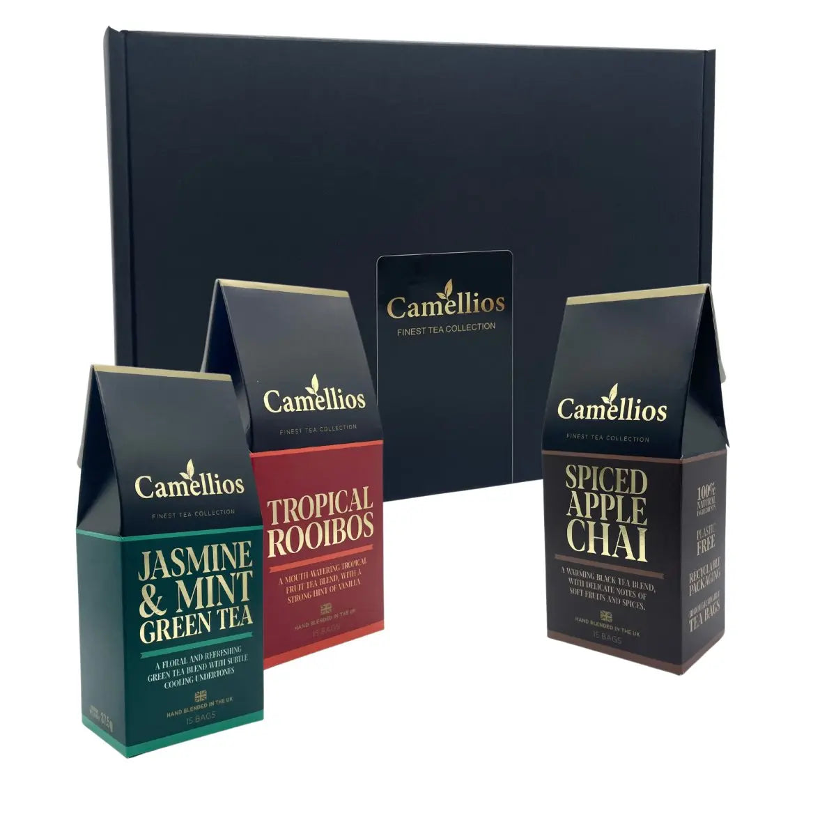 Camellios tea gift box with three exotic tea blends featuring colorful packaging and a variety of loose leaf teas.