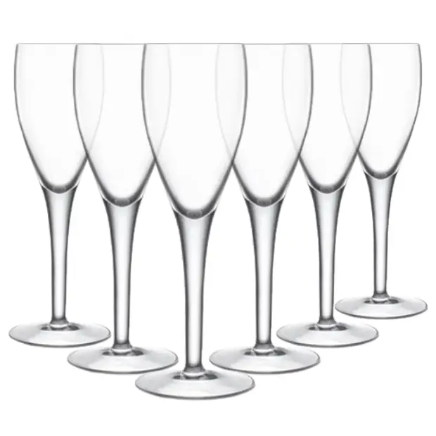 Set of six Luigi Bormioli champagne flutes, 160ml glassware with elegant, clear design for serving sparkling wine.
