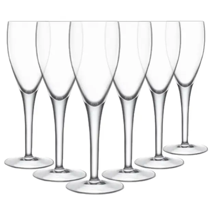 Set of six Luigi Bormioli champagne flutes, 160ml glassware with elegant, clear design for serving sparkling wine.