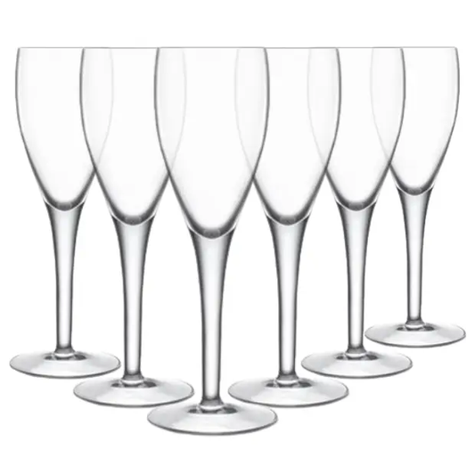Set of six Crystalite Champagne Flutes by Glassware UK, 230ml tall glassware with elegant, clear crystal design.