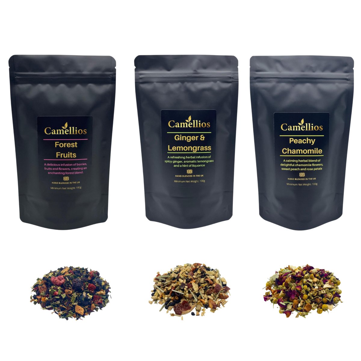 Assorted herbal loose leaf teas from Camellios displayed in a wooden box, showcasing colorful tea leaves and herbs.