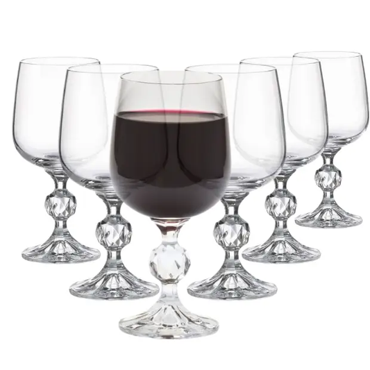 Set of six Claudia Crystalite large wine glasses by Glassware UK, 340ml capacity, featuring clear glass with elegant stems.