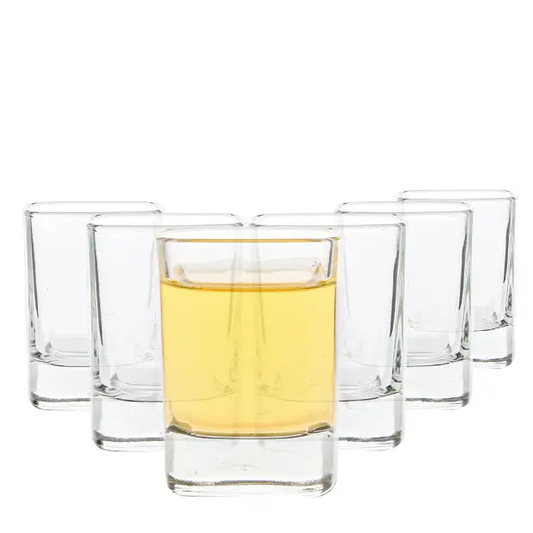 Set of six square shot glasses from Glassware UK, 60ml capacity, clear glass with a modern geometric design.