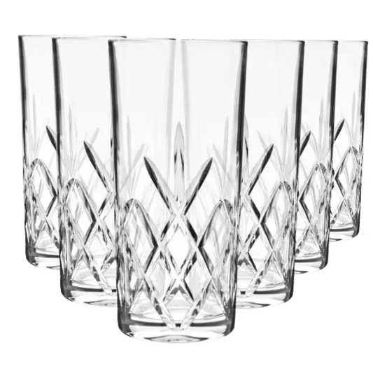 Set of six Flamenco Crystalite highball glasses by Glassware UK, 350ml whisky tumblers with a clear, stylish design.