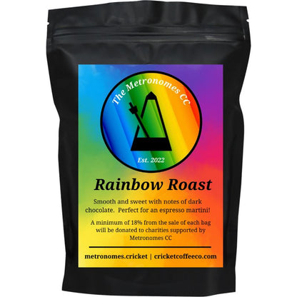 Clubhouse Roastery Rainbow Roast coffee bag featuring colorful rainbow design on packaging.