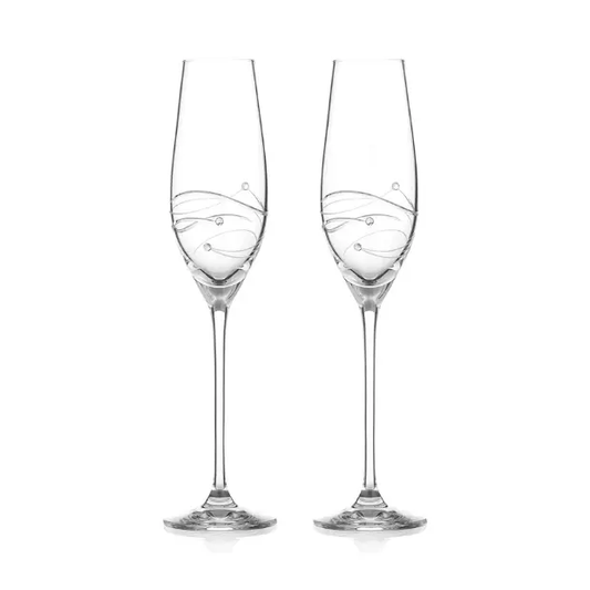 Glassware UK diamanté champagne flutes with spiral cut design, shown in gift box, elegant crystal stemware for celebrations.