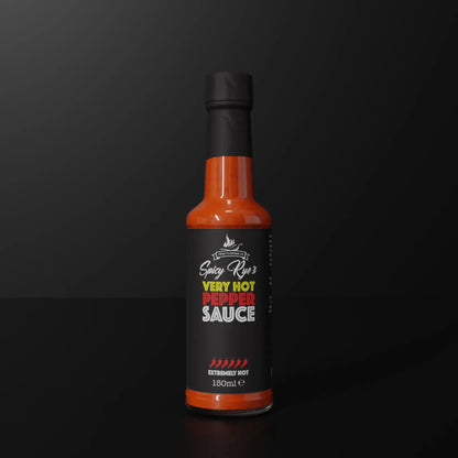 Spicy Ryes Very Hot Pepper Sauce bottle with bright red label and spicy pepper graphic, showcasing the hot sauce inside.