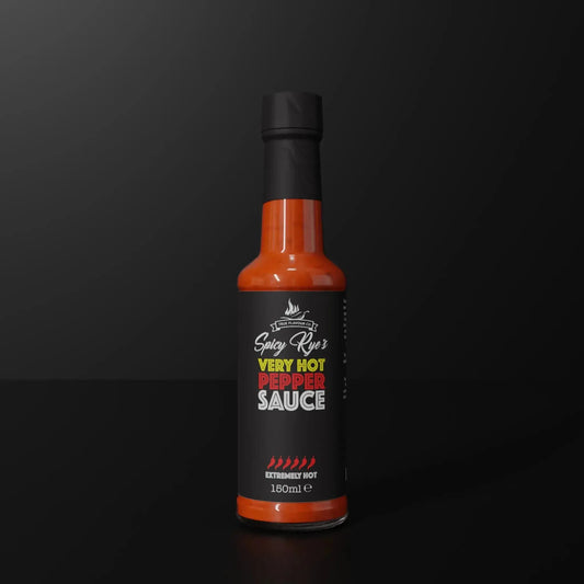 Spicy Ryes Very Hot Pepper Sauce bottle with bright red label and spicy pepper graphic, showcasing the hot sauce inside.
