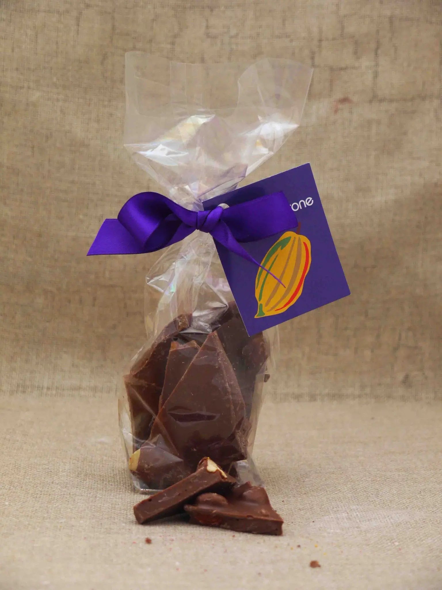 Handmade milk chocolate shards with a very nutty flavor from Gorvett & Stone in a resealable bag.