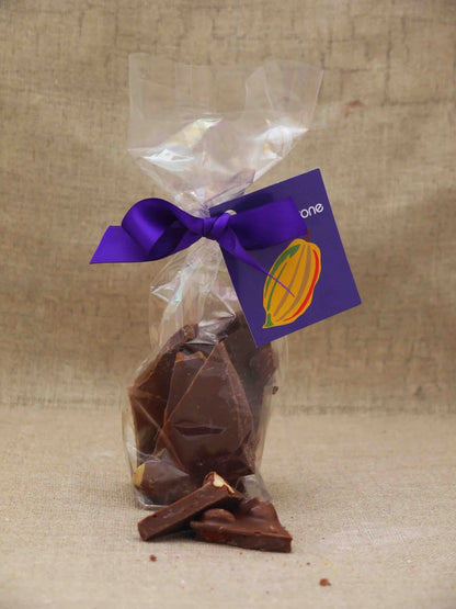 Handmade milk chocolate shards with a very nutty flavor from Gorvett & Stone in a resealable bag.