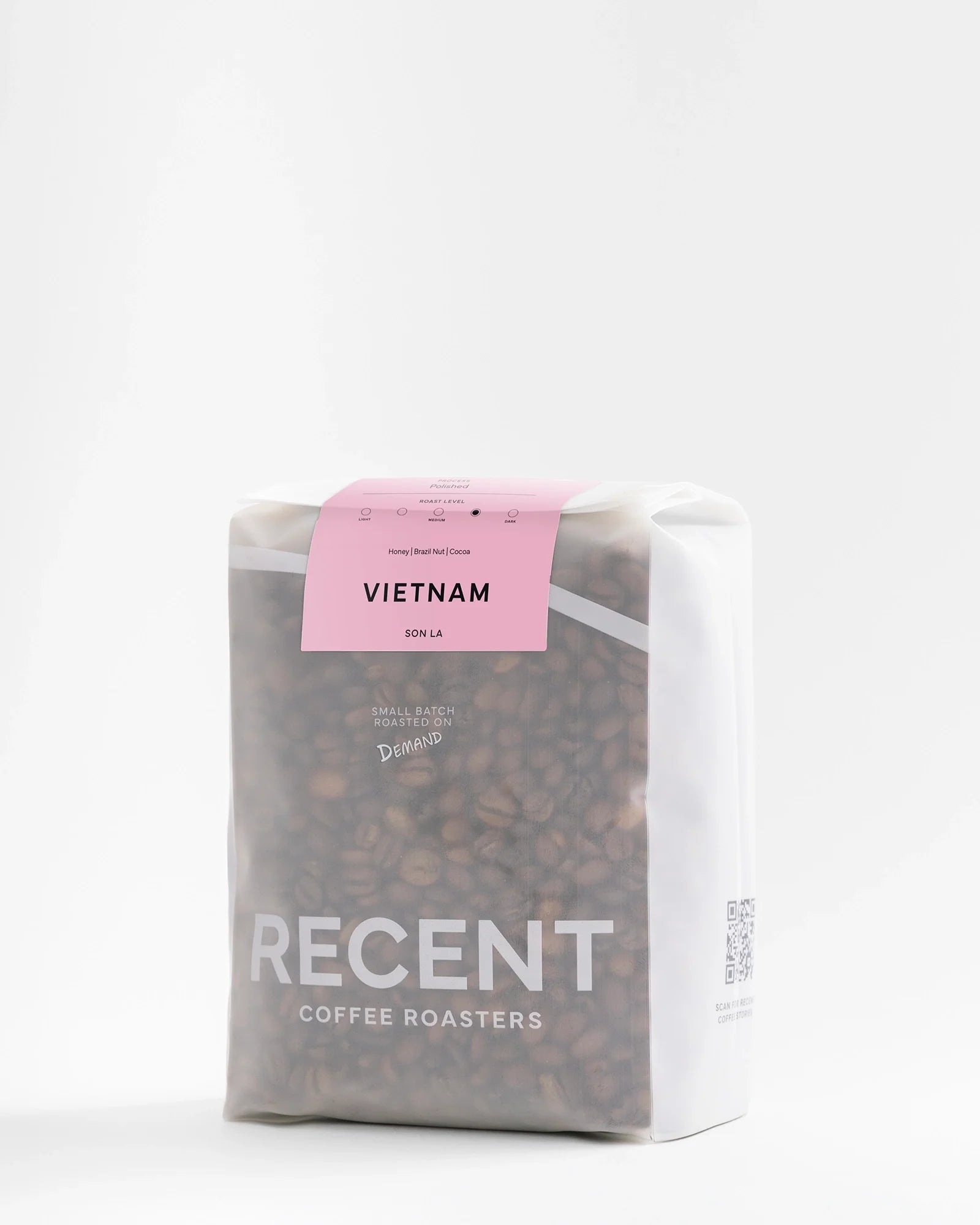 Recent Beans Son La G1 Medium Dark Roast Coffee, 500g bag, showcasing rich roasted coffee beans from Vietnam.