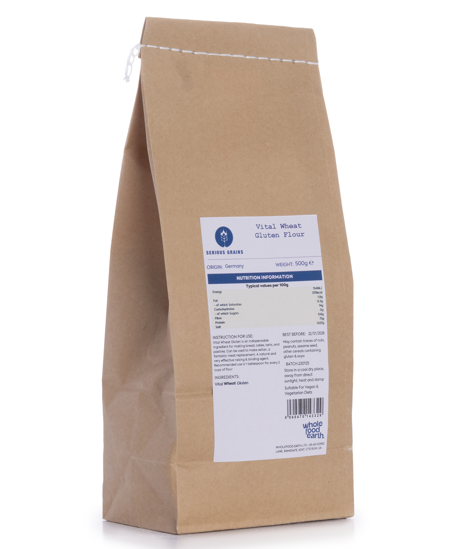 Vital Wheat Gluten Flour from Serious Grains by Whole Food Earth, 500g bag of high-protein flour for baking and cooking.