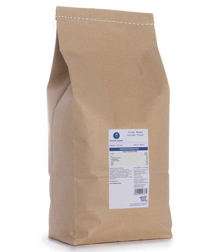 Vital wheat gluten flour from Whole Food Earth, 3kg bag, showing fine gluten powder used for baking and cooking.