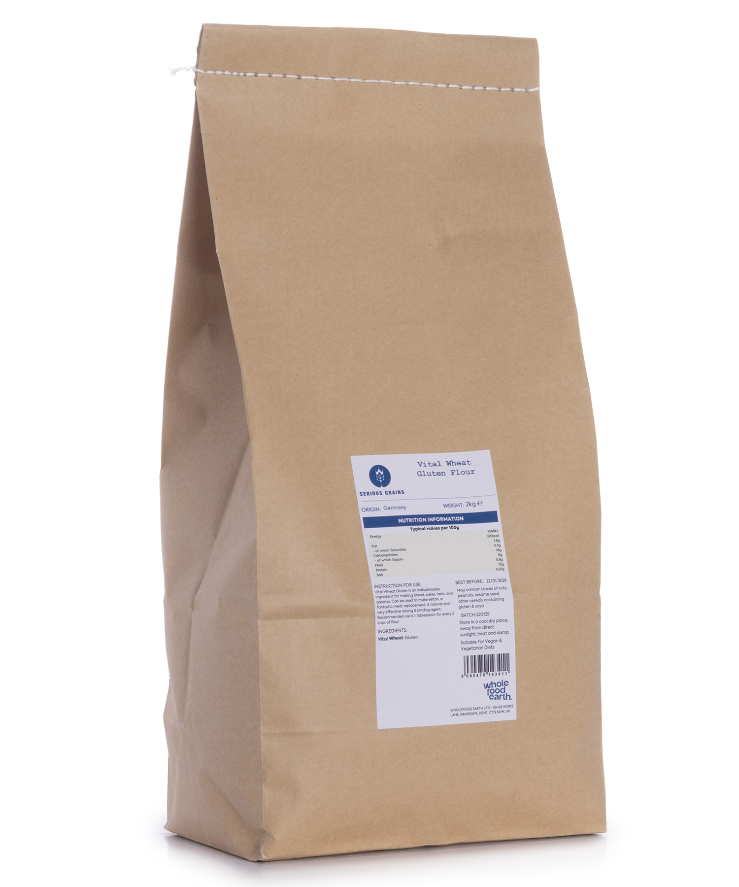 Vital wheat gluten flour from Whole Food Earth, 2kg bag, showing a close-up of the gluten-rich flour in a bag.