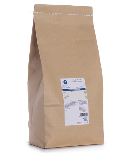 Vital wheat gluten flour from Whole Food Earth, 2kg bag, showing a close-up of the gluten-rich flour in a bag.