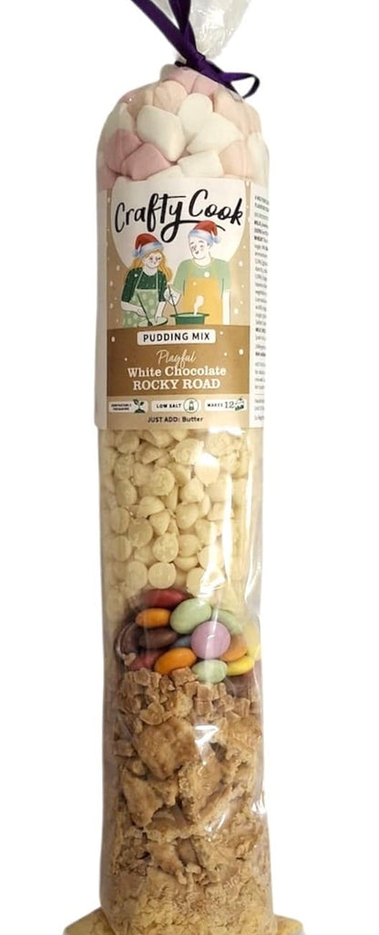 White chocolate rocky road mix by Crafty Cook, featuring colorful marshmallows and nuts in a festive white chocolate blend.