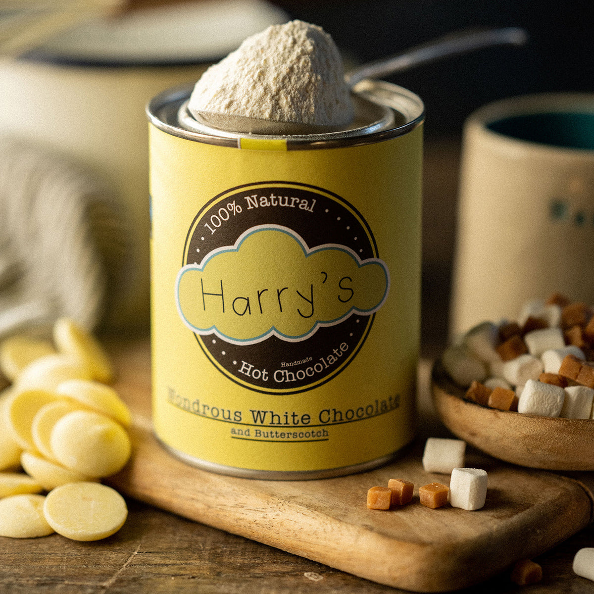 White tin of Harry's Hot Chocolate with 30% cocoa, showcasing a smooth, creamy hot chocolate product in a stylish white container.