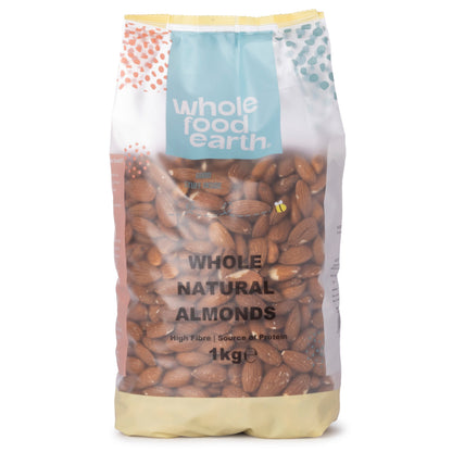 Whole Food Earth whole natural almonds in a 1kg bag, fresh and crunchy nuts perfect for snacking or baking.