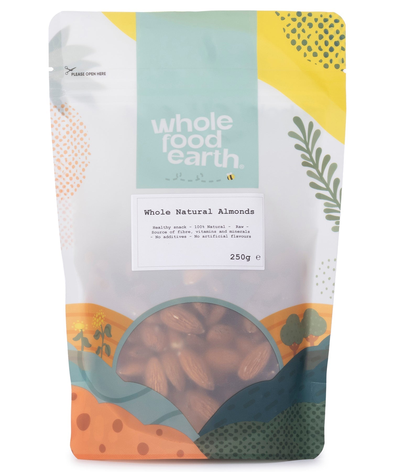 Whole Food Earth natural almonds in a 250g bag, displaying whole almonds with their brown shells and smooth surface.