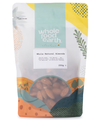 Whole Food Earth natural almonds in a 250g bag, displaying whole almonds with their brown shells and smooth surface.