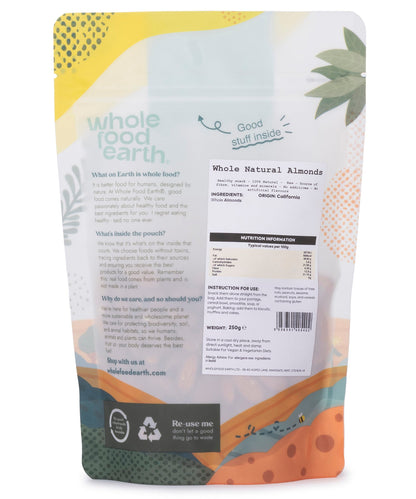 Whole Food Earth natural almonds in a 250g package, showing fresh, whole almonds from the Nuts & Seeds category.
