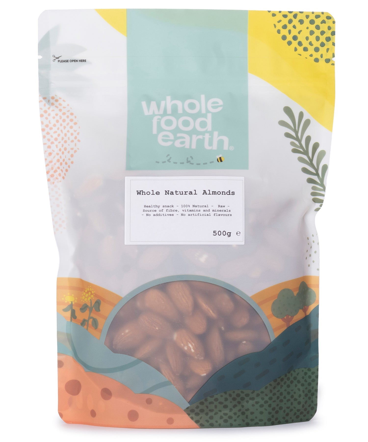 Whole Food Earth natural almonds in a 500g package, showcasing whole, raw almonds on a white background.