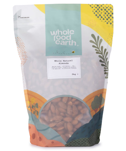 Whole Food Earth natural almonds in a 2kg bag, showing whole, raw almonds with light brown shells from the Nuts & Seeds category.