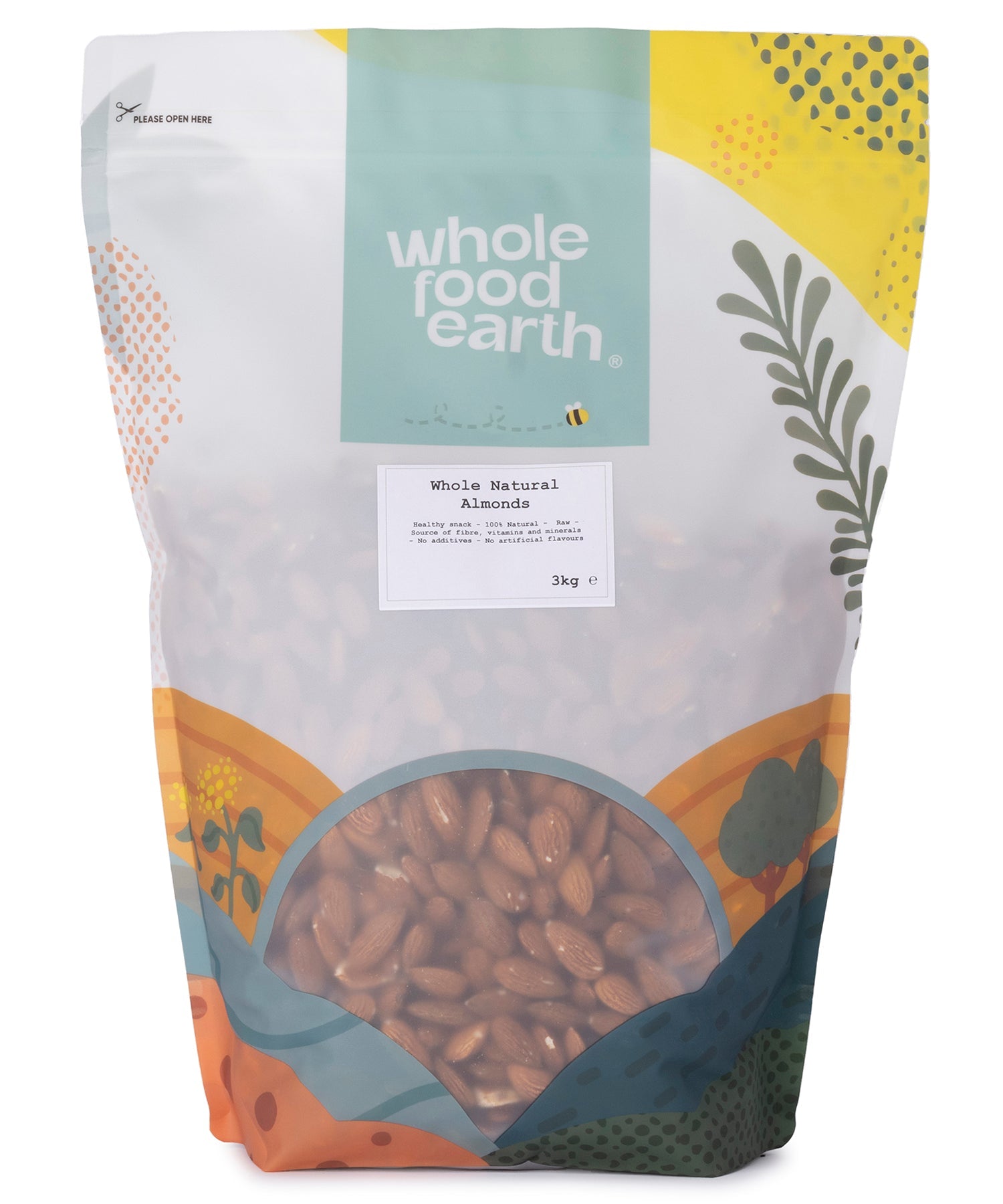 Whole Food Earth natural almonds in a 3kg bag, showing whole, raw almonds with light brown shells, nuts and seeds category.