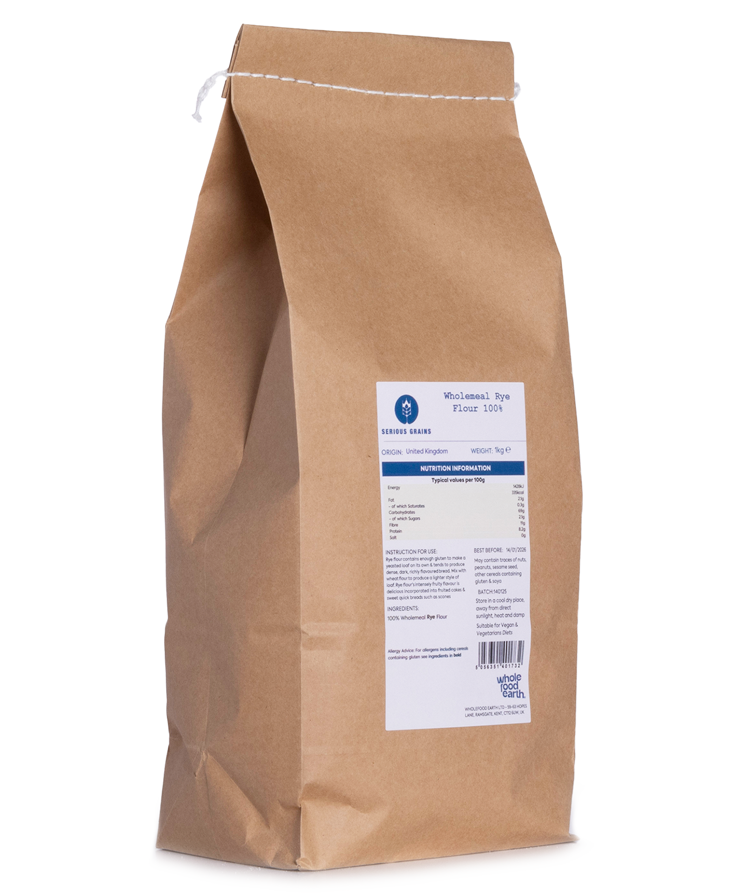 Wholemeal rye flour in a 1kg bag from Whole Food Earth, stoneground, natural whole grain flour for baking and bread making.