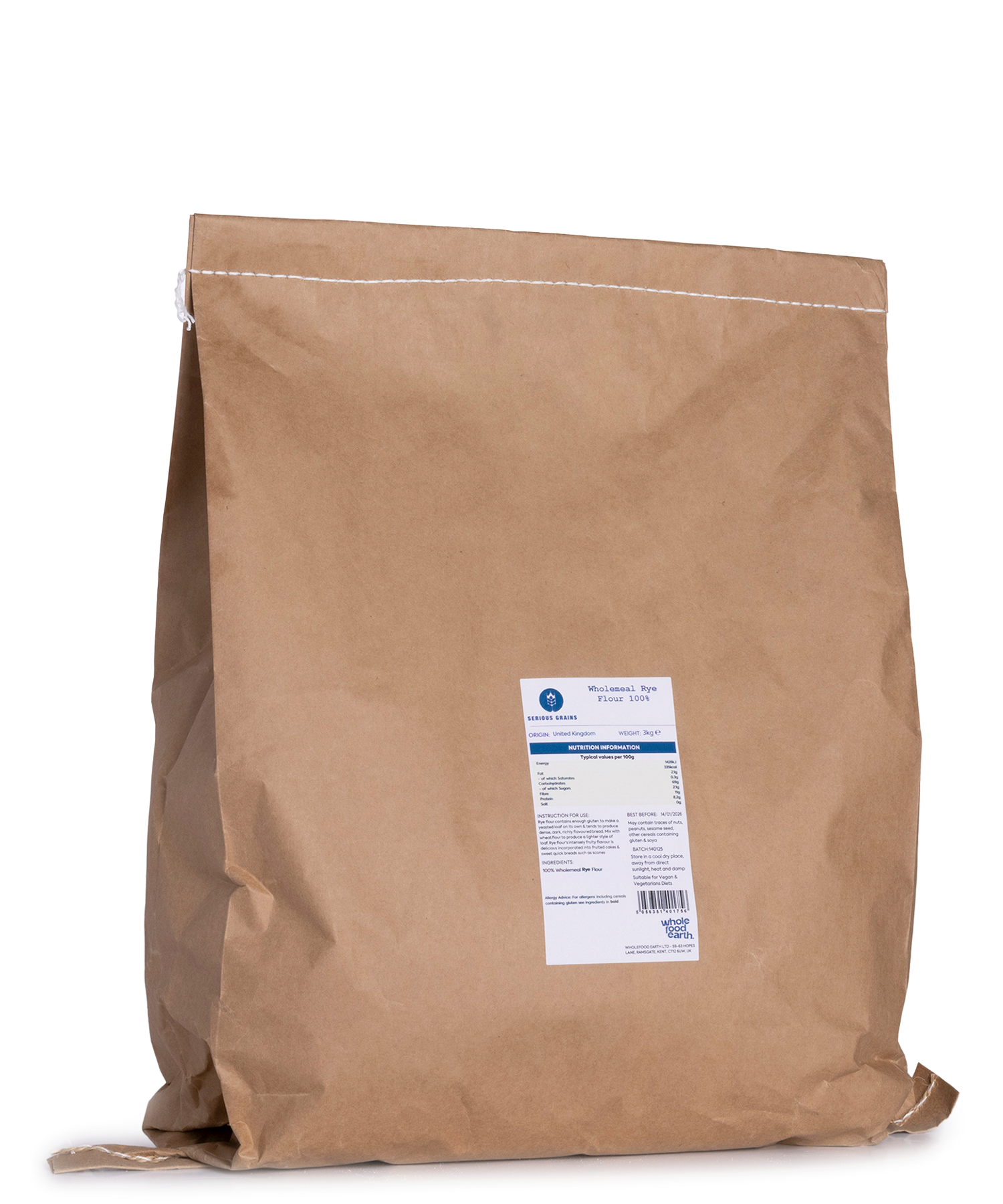 Wholemeal rye flour from Serious Grains, stoneground, in a 3kg bag, made by Whole Food Earth, suitable for baking and grains.