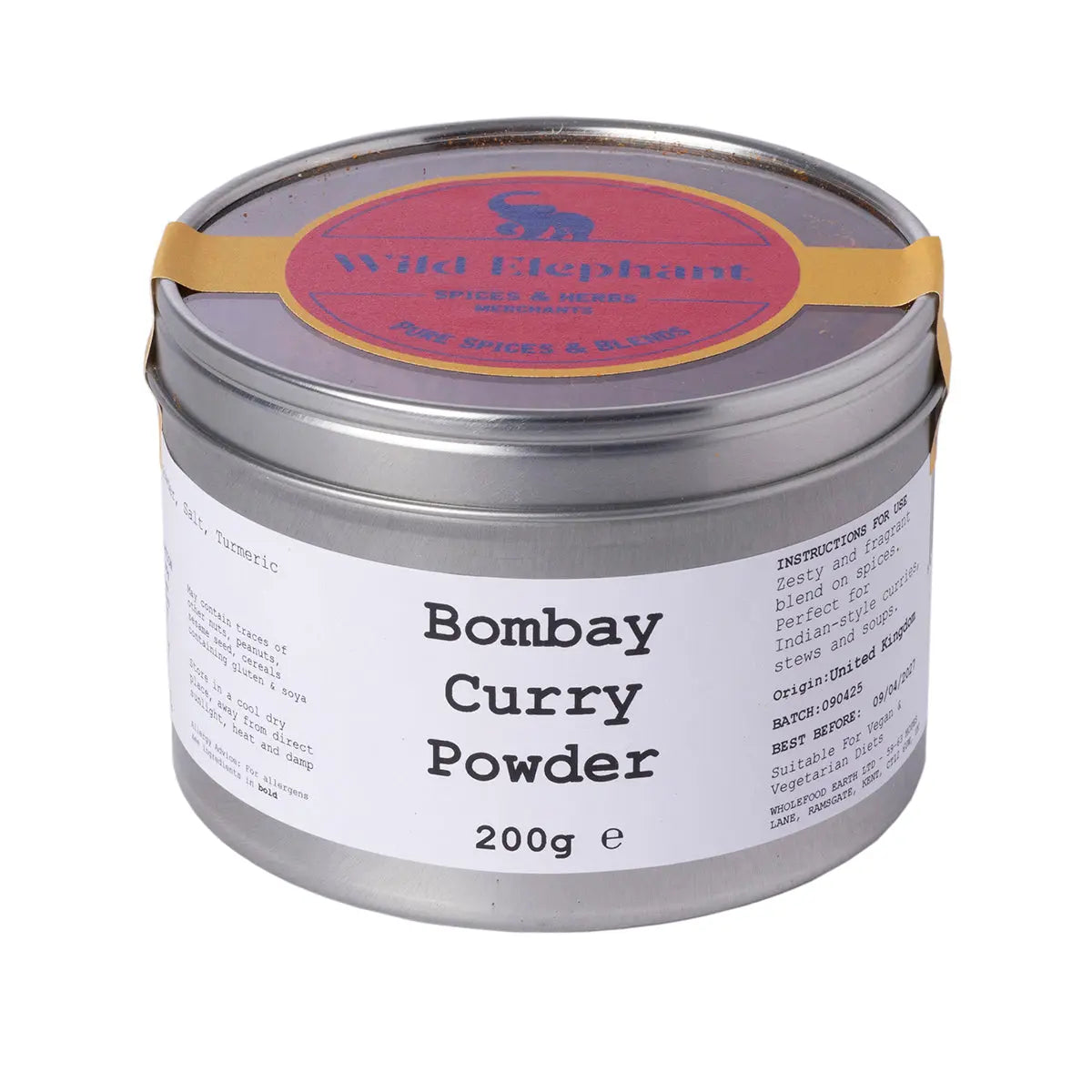 Wild Elephant Bombay Curry Powder in a jar, vibrant yellow spice blend for Indian cuisine, from Whole Food Earth.