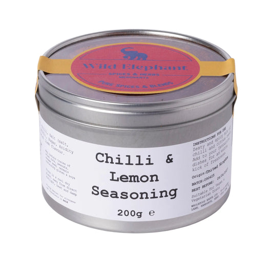 Wild Elephant Chilli & Lemon Seasoning in a jar, featuring vibrant red chili peppers and fresh lemon slices on the label.