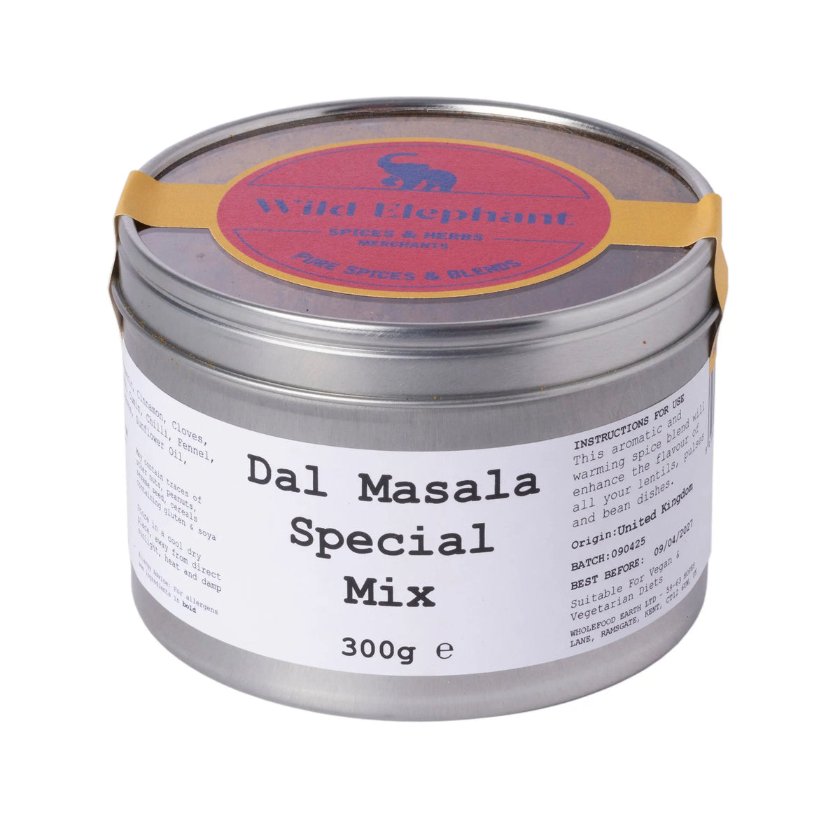 Wild Elephant Dal Masala Special Mix seasoning blend from Whole Food Earth, showing colorful spice mix in a jar.