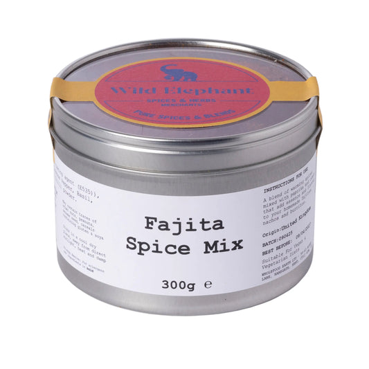 Wild Elephant fajita spice mix from ArtisanBox in a colorful jar, showing the vibrant spice blend ready for seasoning fajitas.