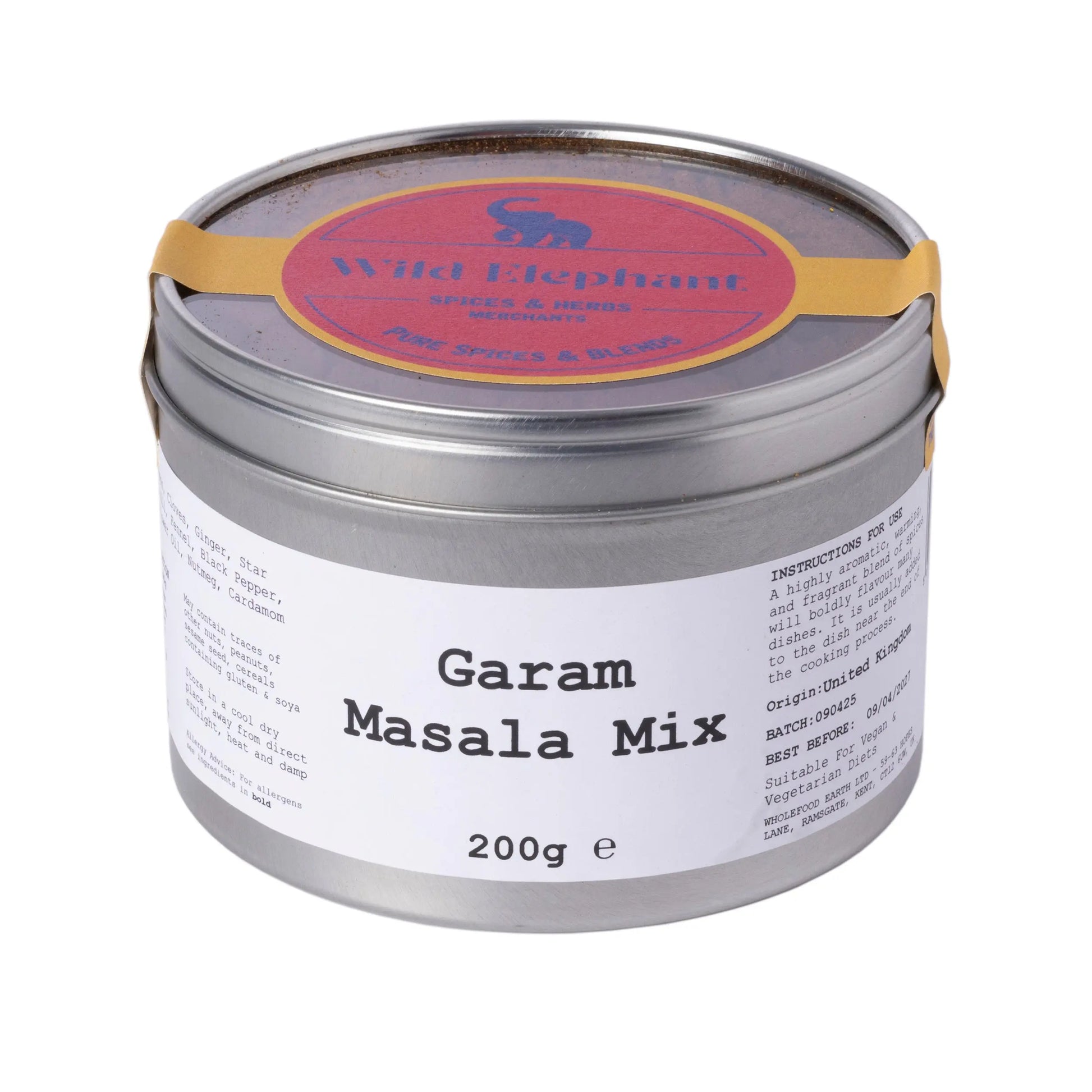 Wild Elephant Garam Masala Mix in a spice jar, featuring a colorful label, for flavorful Indian seasoning and spice blends.