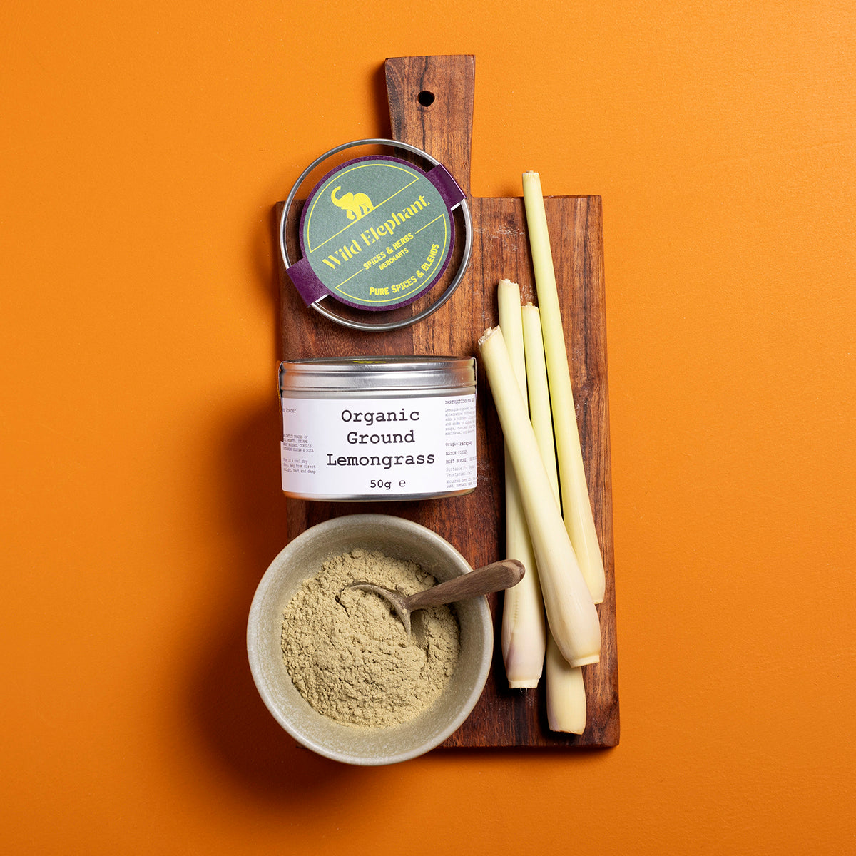 Organic ground lemongrass from Wild Elephant, herbal spice in a 50g package, used for cooking and herbal infusions.
