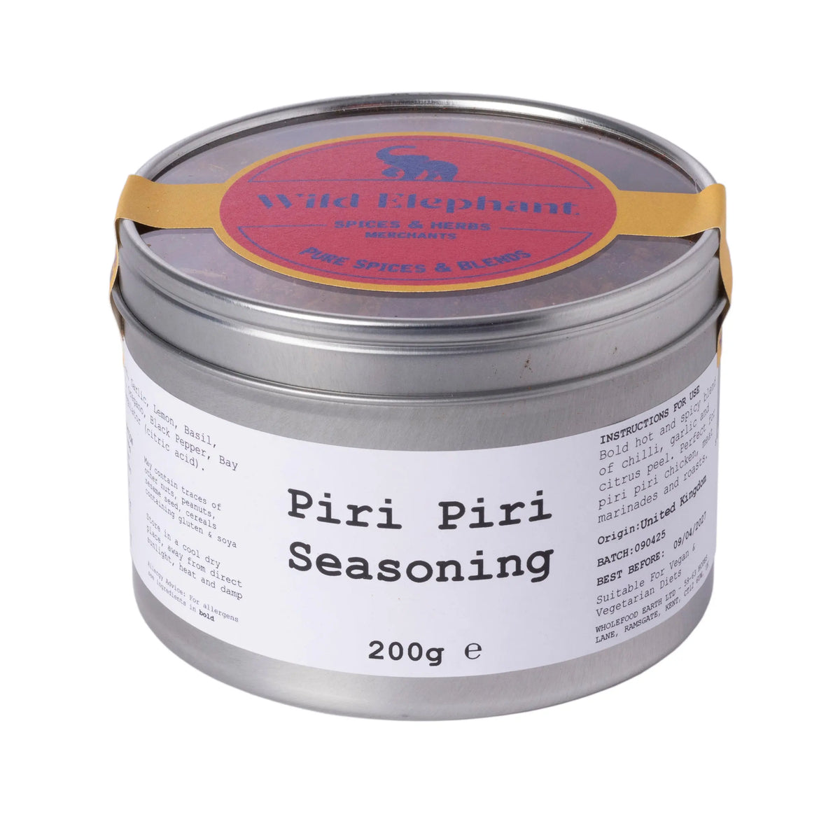 Wild Elephant Piri Piri Seasoning from Whole Food Earth in a spice jar with red and orange paprika and chili flakes.