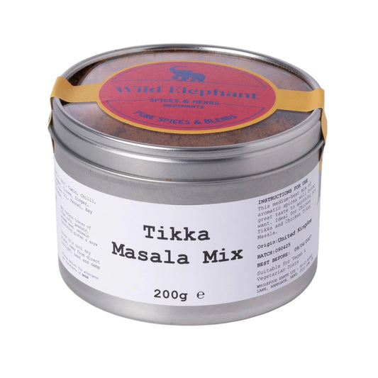 Wild Elephant Tikka Masala Mix in a spice jar, featuring vibrant blend of spices for flavorful Indian curry cooking.