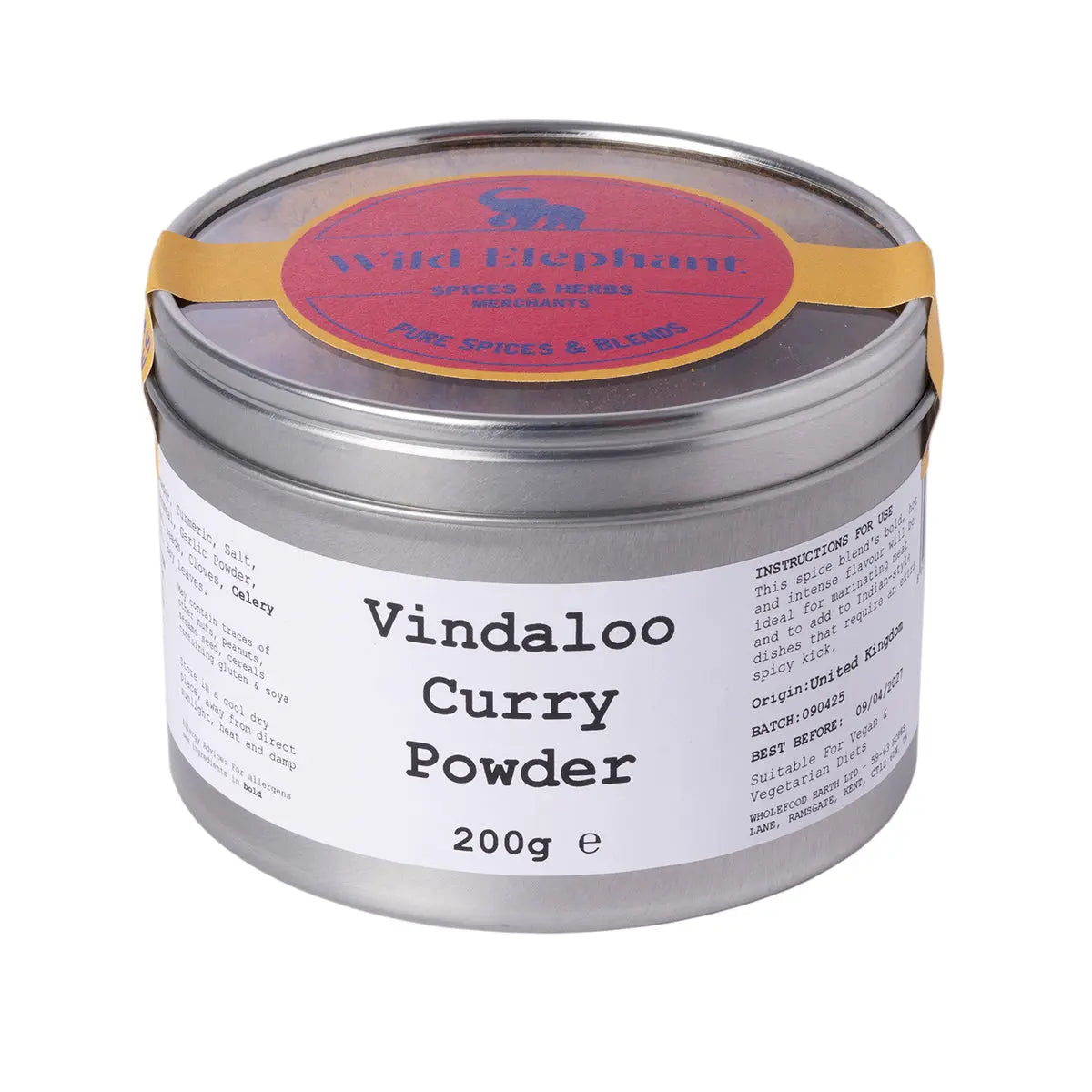 Wild Elephant Vindaloo Curry Powder in a spice jar, used for seasoning Indian dishes, from Whole Food Earth brand.