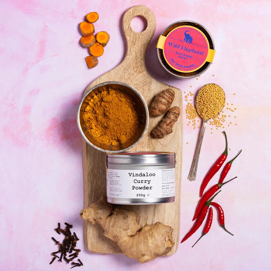 Wild Elephant Vindaloo Curry Powder from Whole Food Earth, a blend of spices for authentic Indian-style curry cooking.