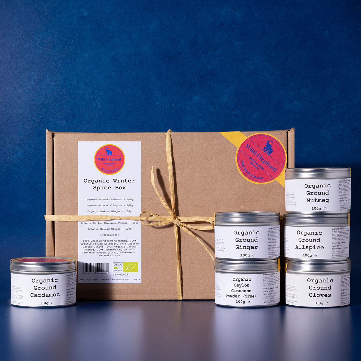 Organic winter spice box from Whole Food Earth featuring herbs and spices in a decorative box, ideal for seasonal cooking.