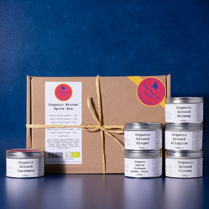 Organic winter spice box from Whole Food Earth featuring herbs and spices in a decorative box, ideal for seasonal cooking.