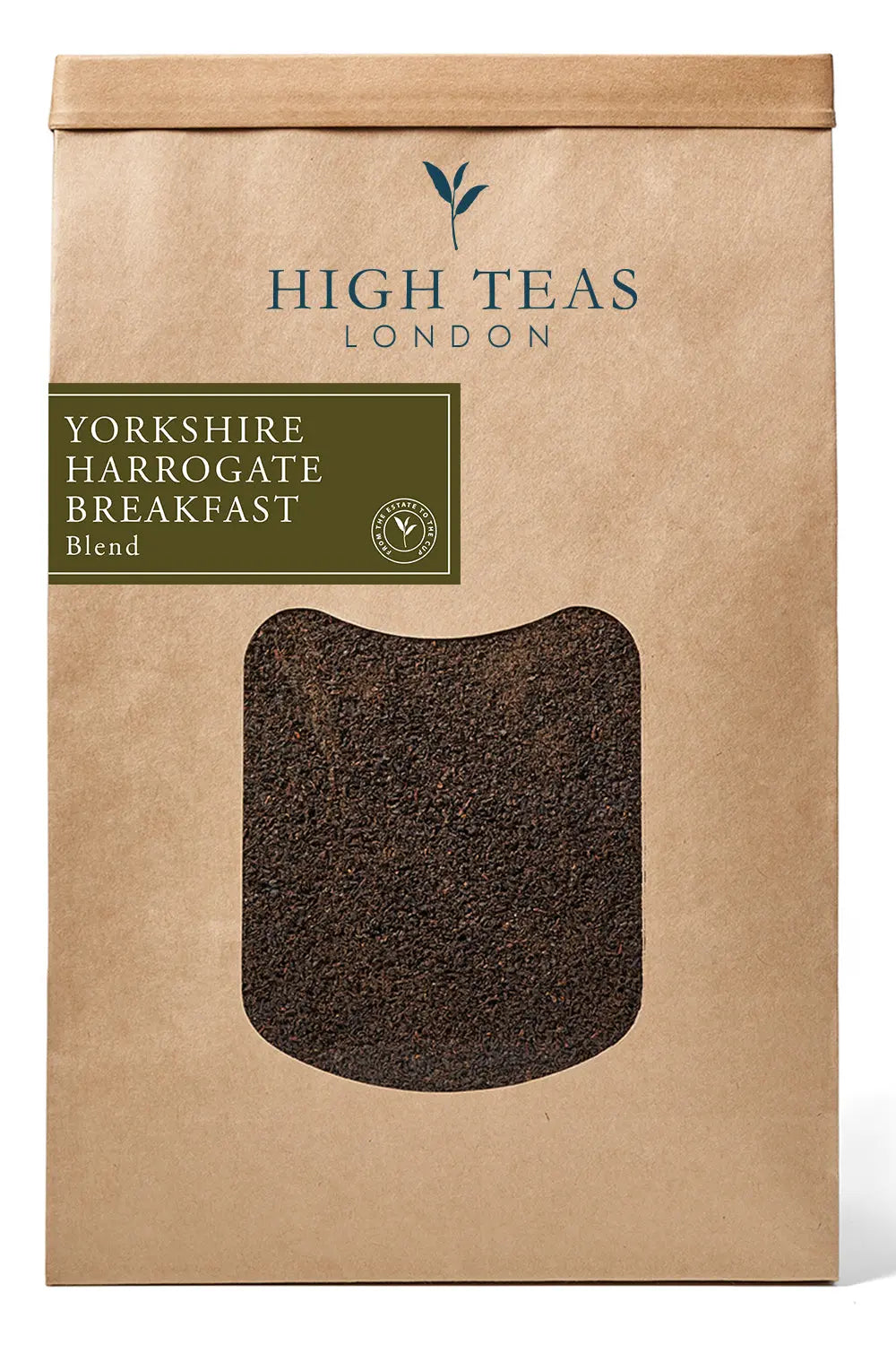 Loose leaf Yorkshire Harrogate breakfast brew tea by High Teas in a clear jar, showcasing the rich, dark tea leaves.
