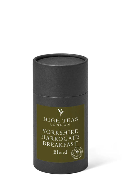 Loose leaf Yorkshire Harrogate Breakfast Brew tea by High Teas, showing vibrant tea leaves in a clear glass jar.